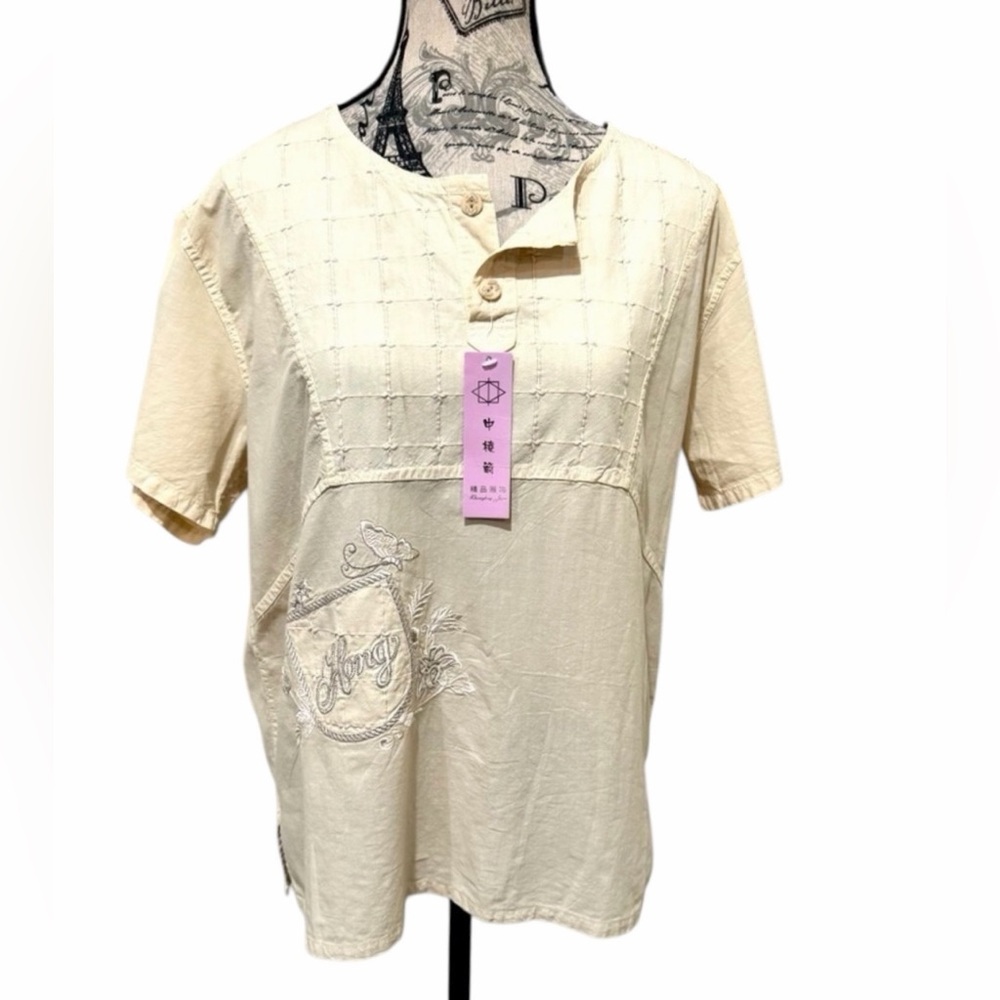 Khongling Jian Unique Boho Embroidered Boutique Style Cream Top Size Large
